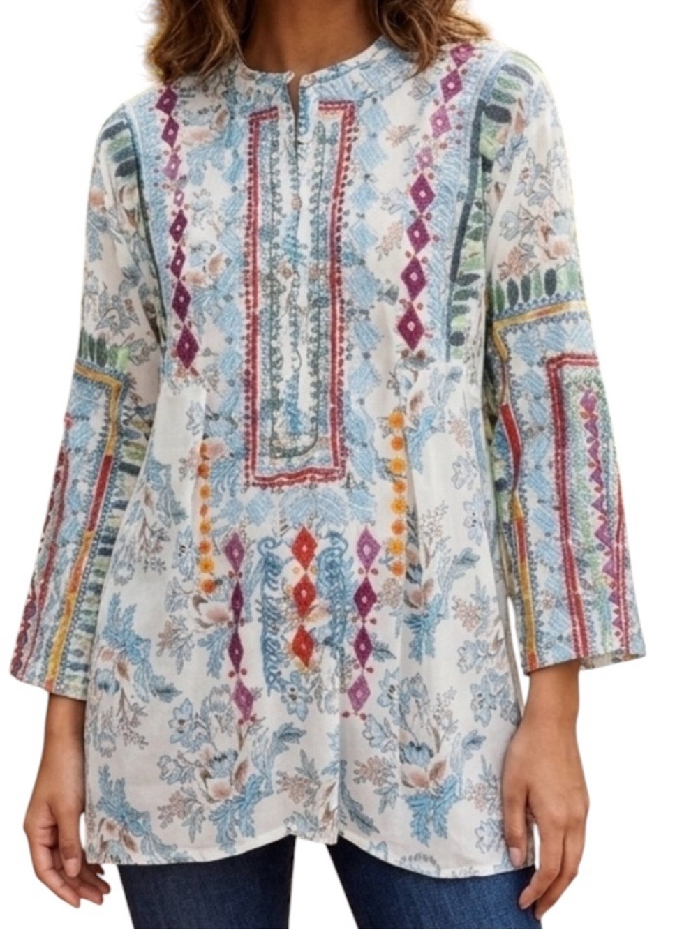 Johnny Was BYIA Isla Embroidered Floral Print Tunic Blouse Size M